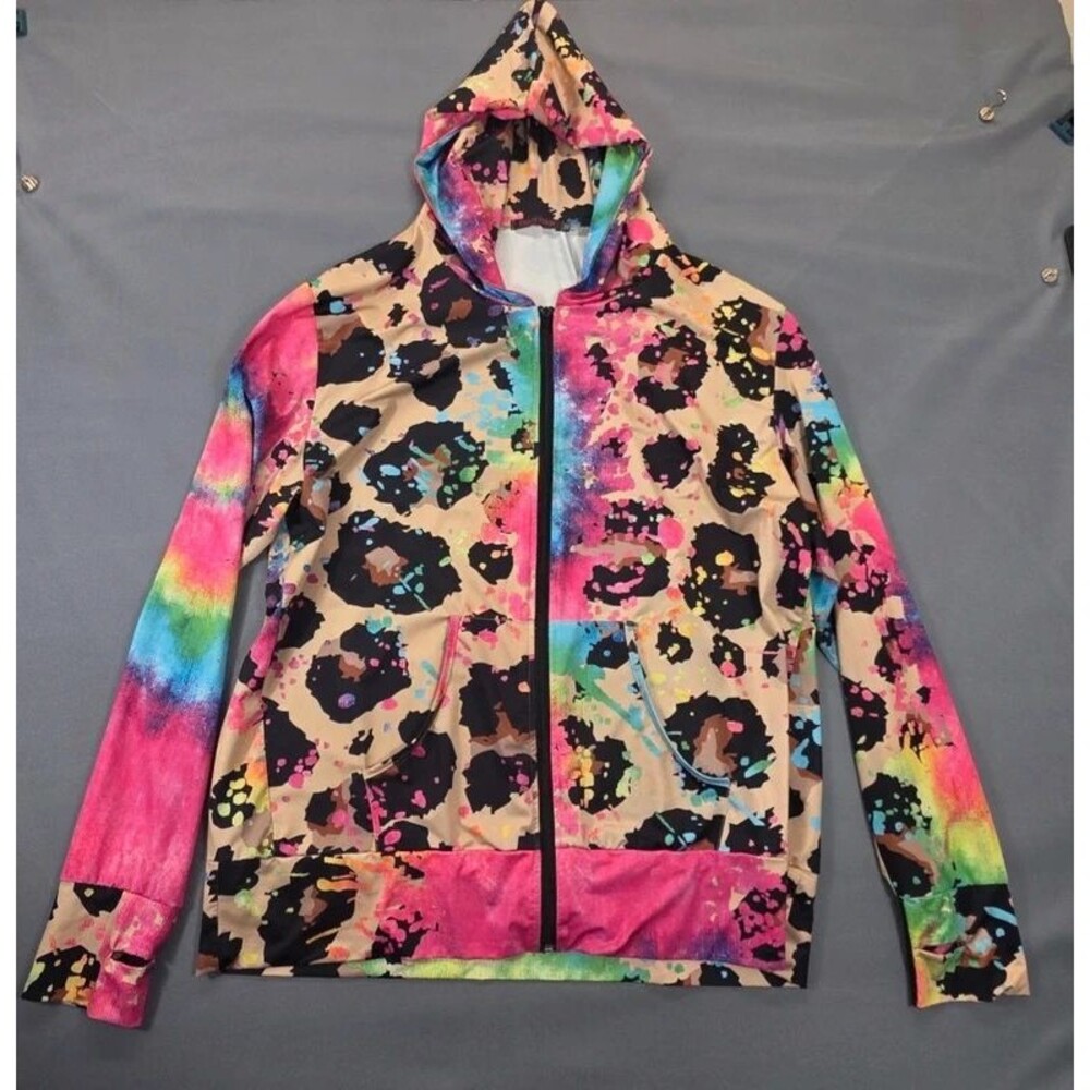 Crazy Train Neon Rainbow Leopard Zip-Up Hoodie 2XL